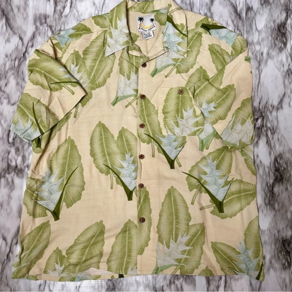 Tropical Leaf Print Short Sleeve Silk Shirt Coconut Buttons Resort Vacation Vibe